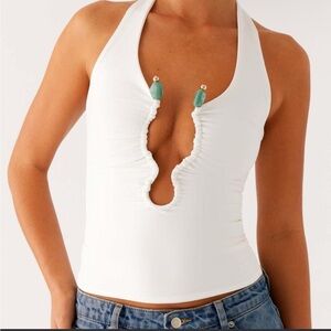 Peppermayo White Halter Plunge Tank with Bead Accents